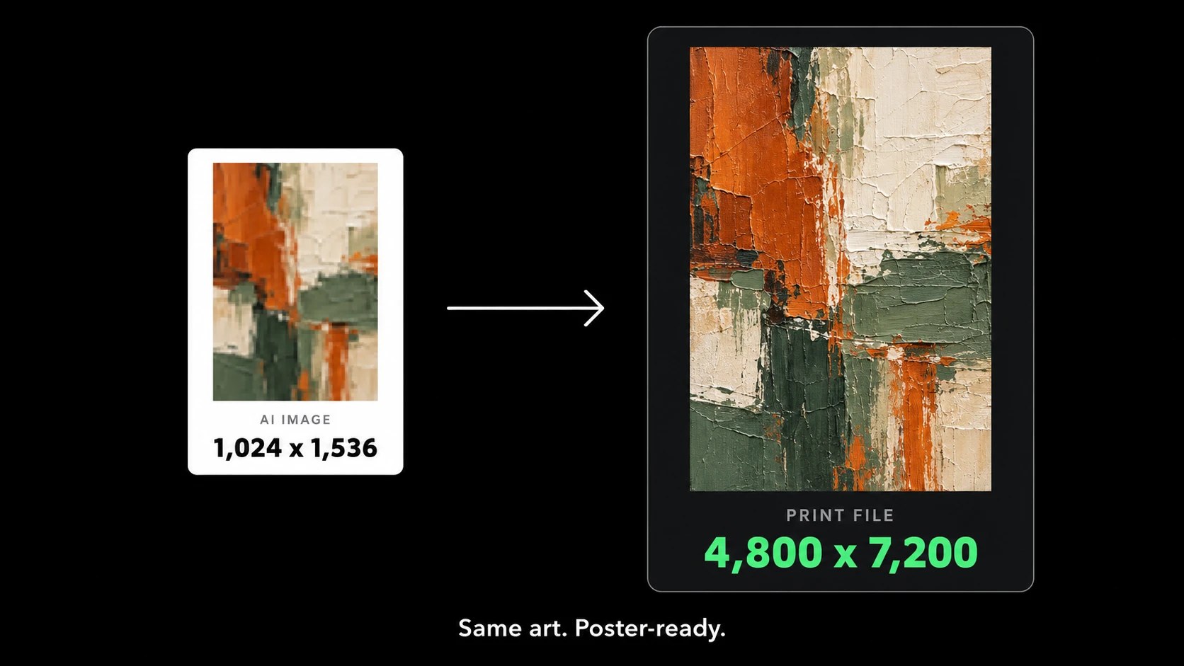 AI art upscaled from 1,024 x 1,536 pixels to a 4,800 x 7,200 print file for printable wall art