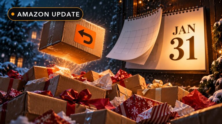 Amazon holiday return policy: returned gift box and a calendar showing January 31