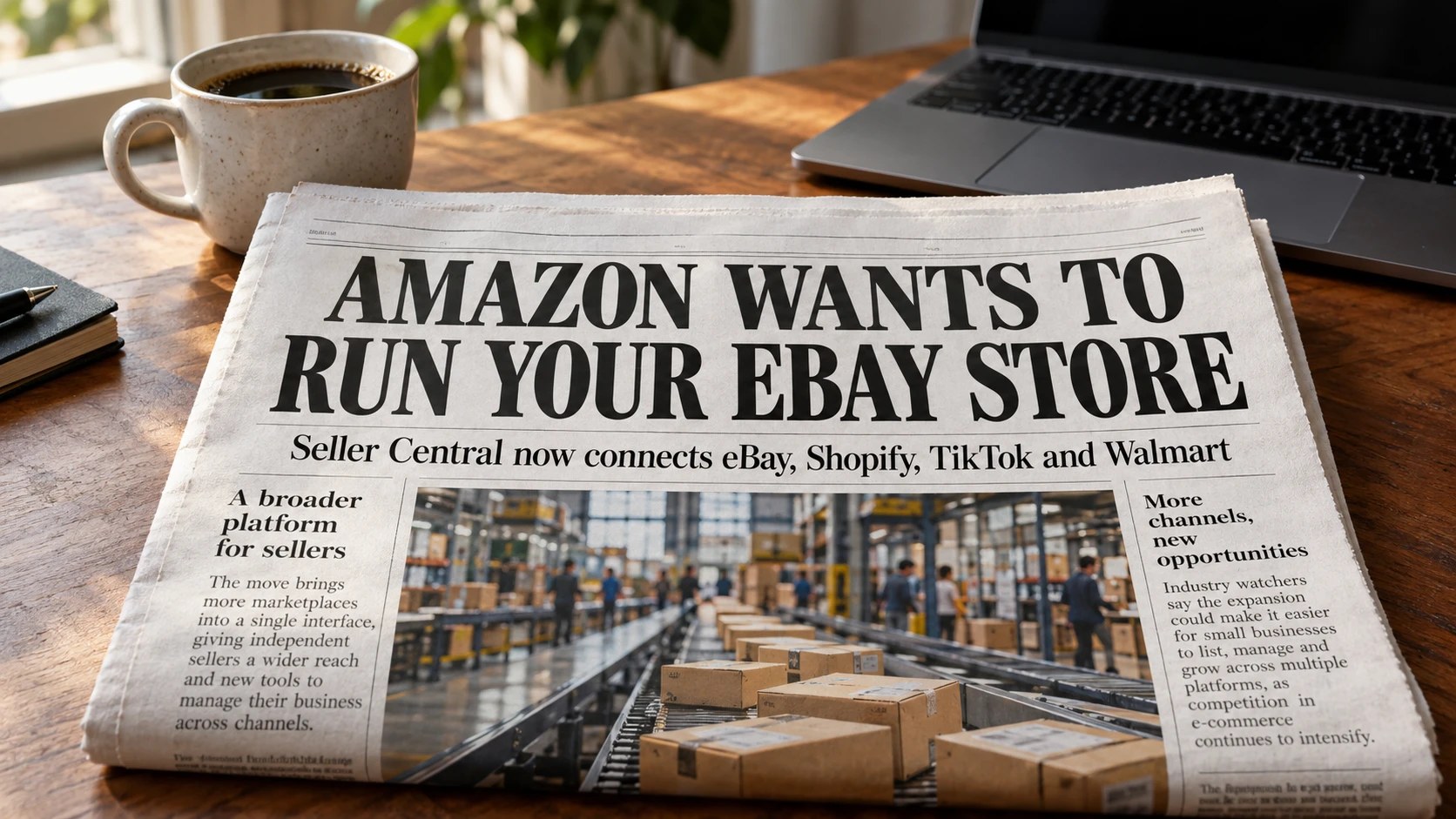Newspaper headline: Amazon wants to run your eBay store, Seller Central now connects eBay, Shopify, TikTok and Walmart