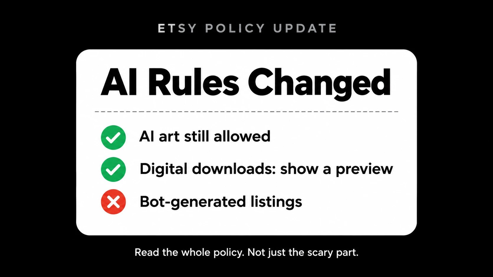 Etsy AI policy summary: AI art still allowed, digital downloads need a preview, bot-generated listings banned