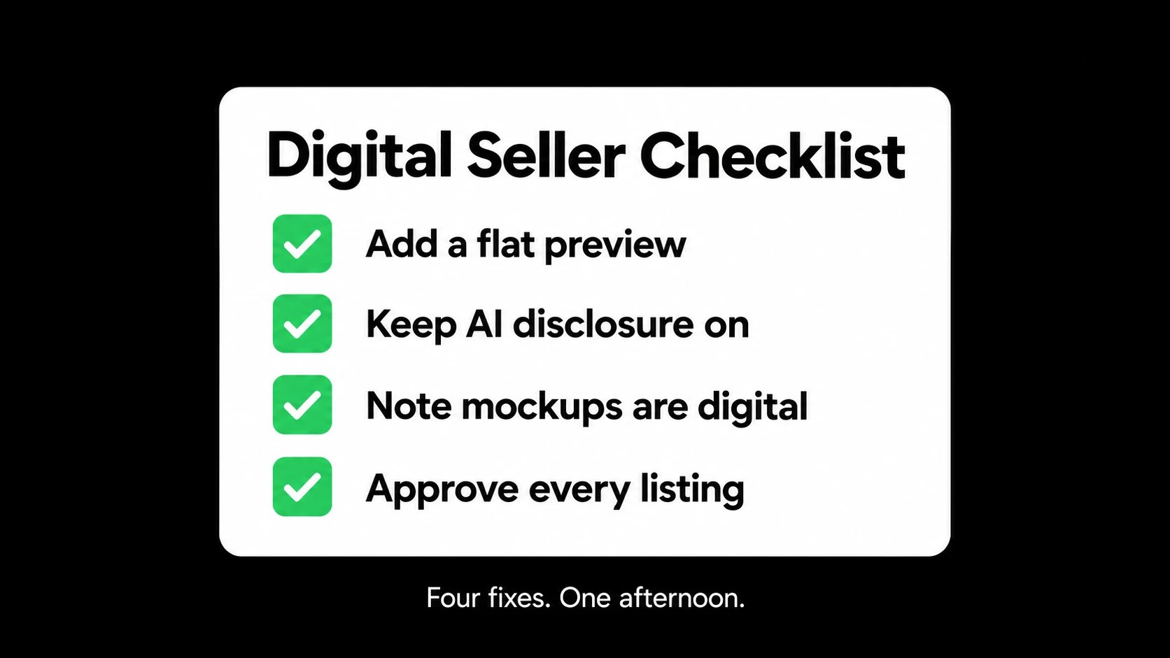 Digital seller checklist for the Etsy AI policy: flat preview, AI disclosure, mockup note, approve every listing