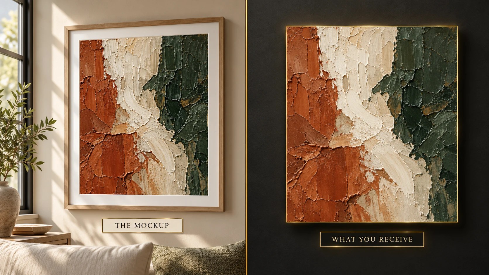 Etsy digital print mockup in a frame next to the flat file the buyer receives