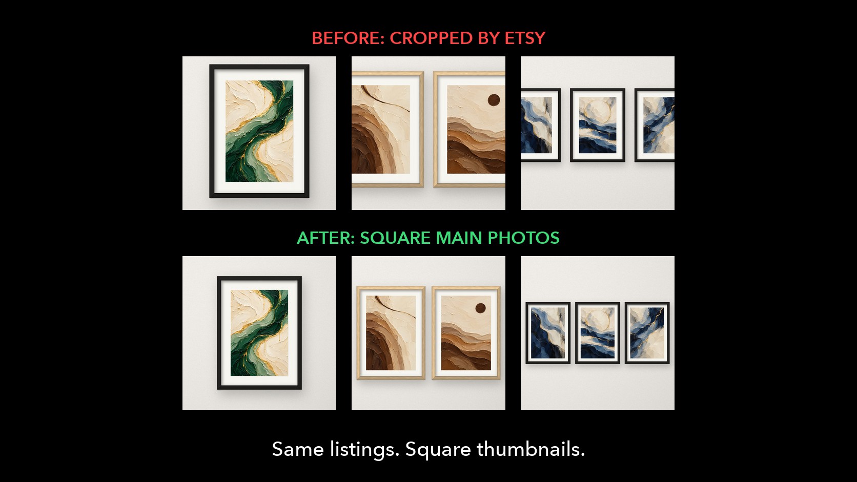 Etsy listing photos before and after: cropped thumbnails versus square main photos
