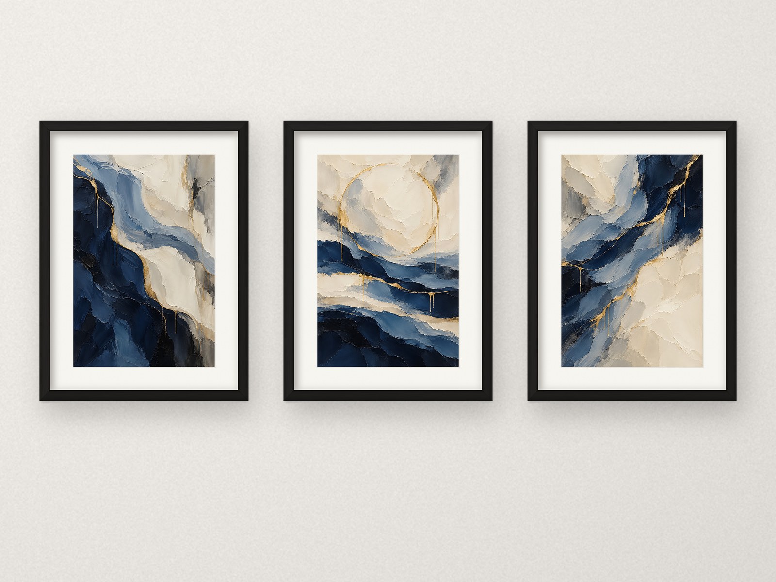 Navy and gold abstract digital print set of 3 in black frames, Etsy listing mockup