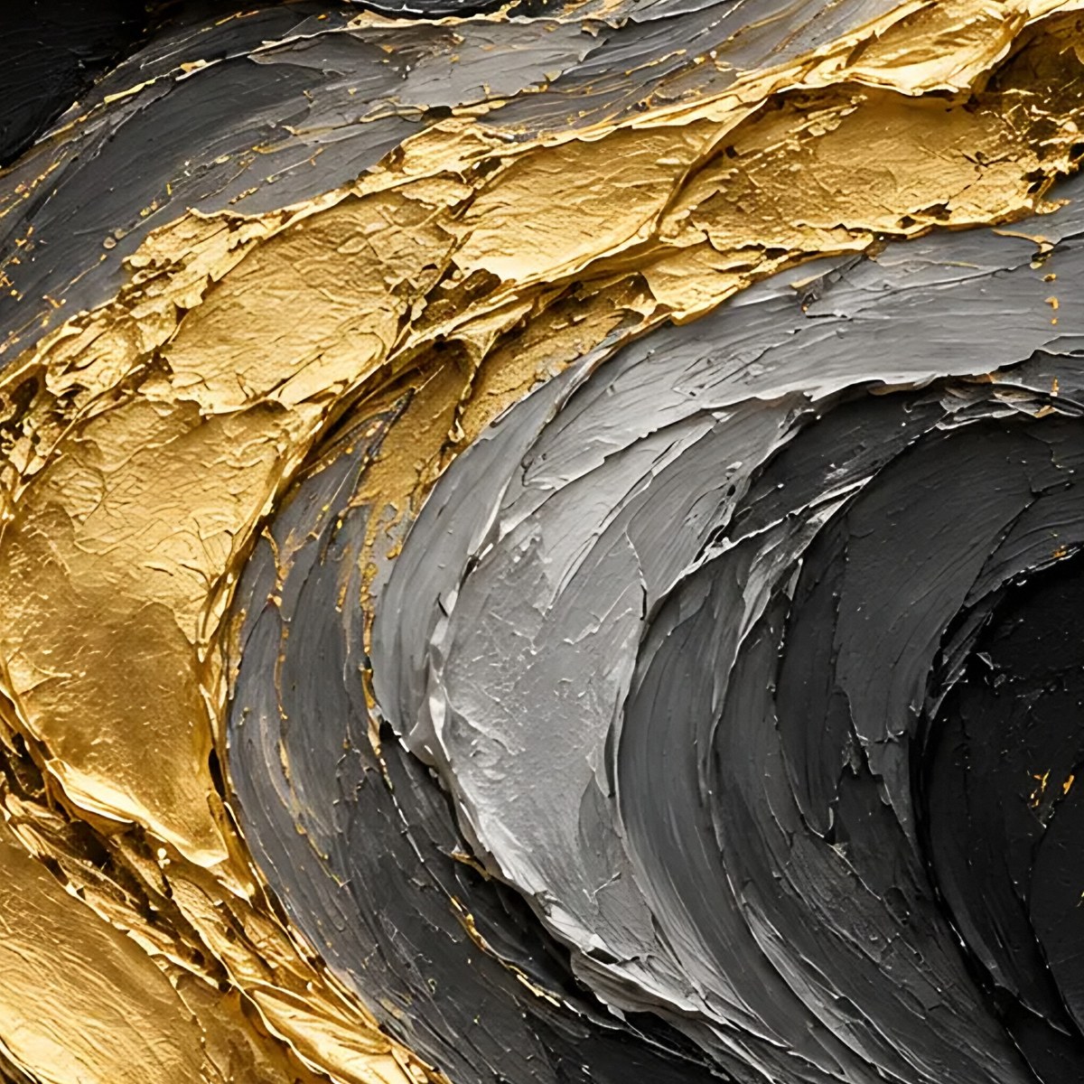 Close-up of palette-knife texture on a black and gold abstract printable wall art piece