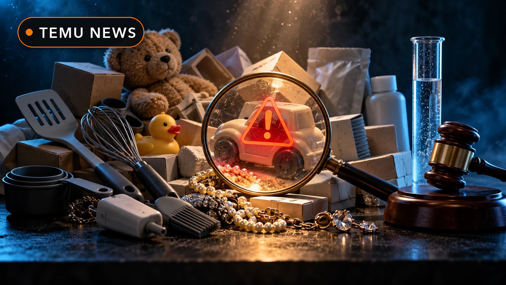Temu settlement product safety: magnifying glass revealing a warning on cheap products next to a gavel